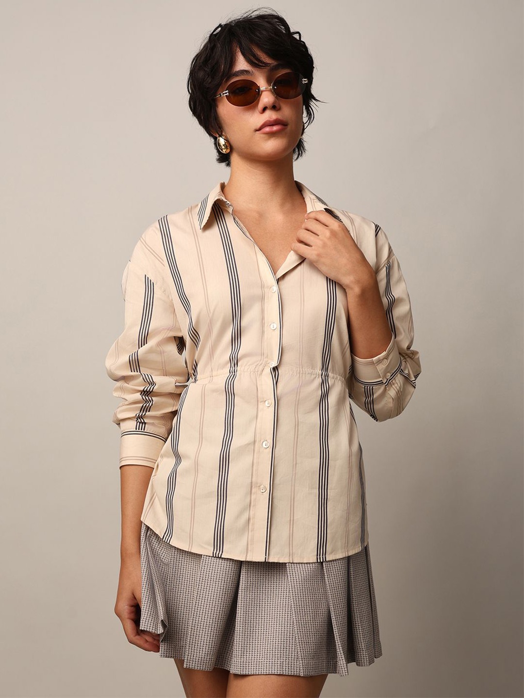 

ONLY Women Cutaway Collar Multi Striped Cotton Oversized Casual Shirt, Beige