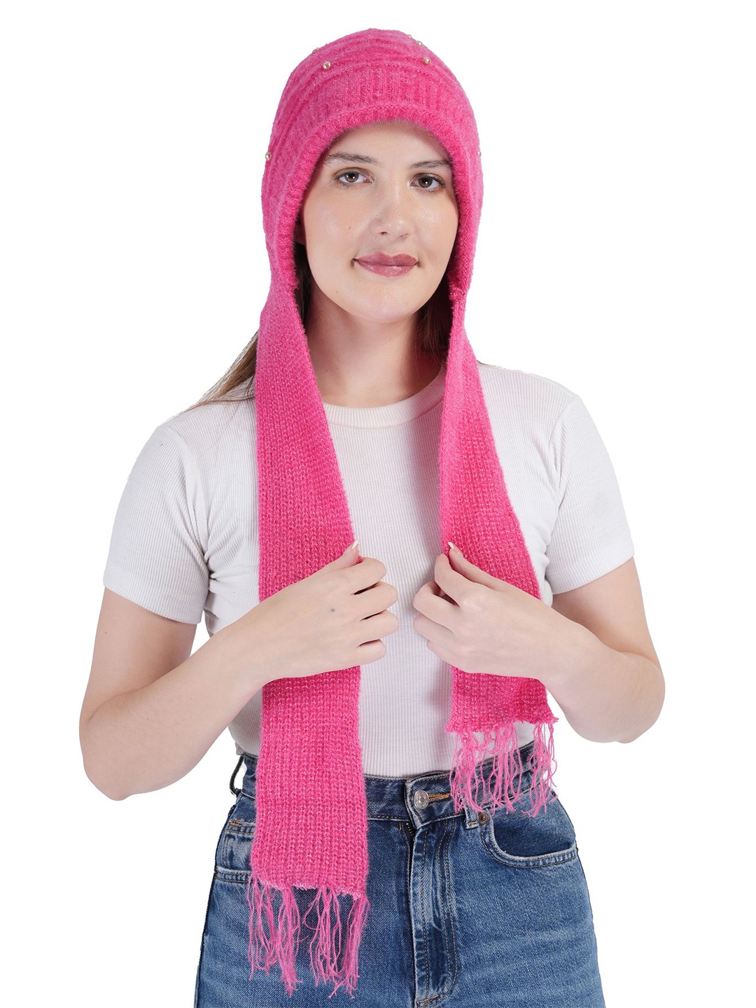 

TEEMOODS Women Wollen Cap with attached Muffler-Pink Beanie