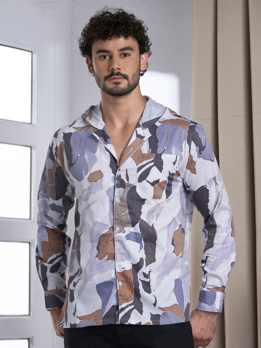 

VALEN CLUB Men Premium Hood Abstract Printed Casual Shirt, Beige