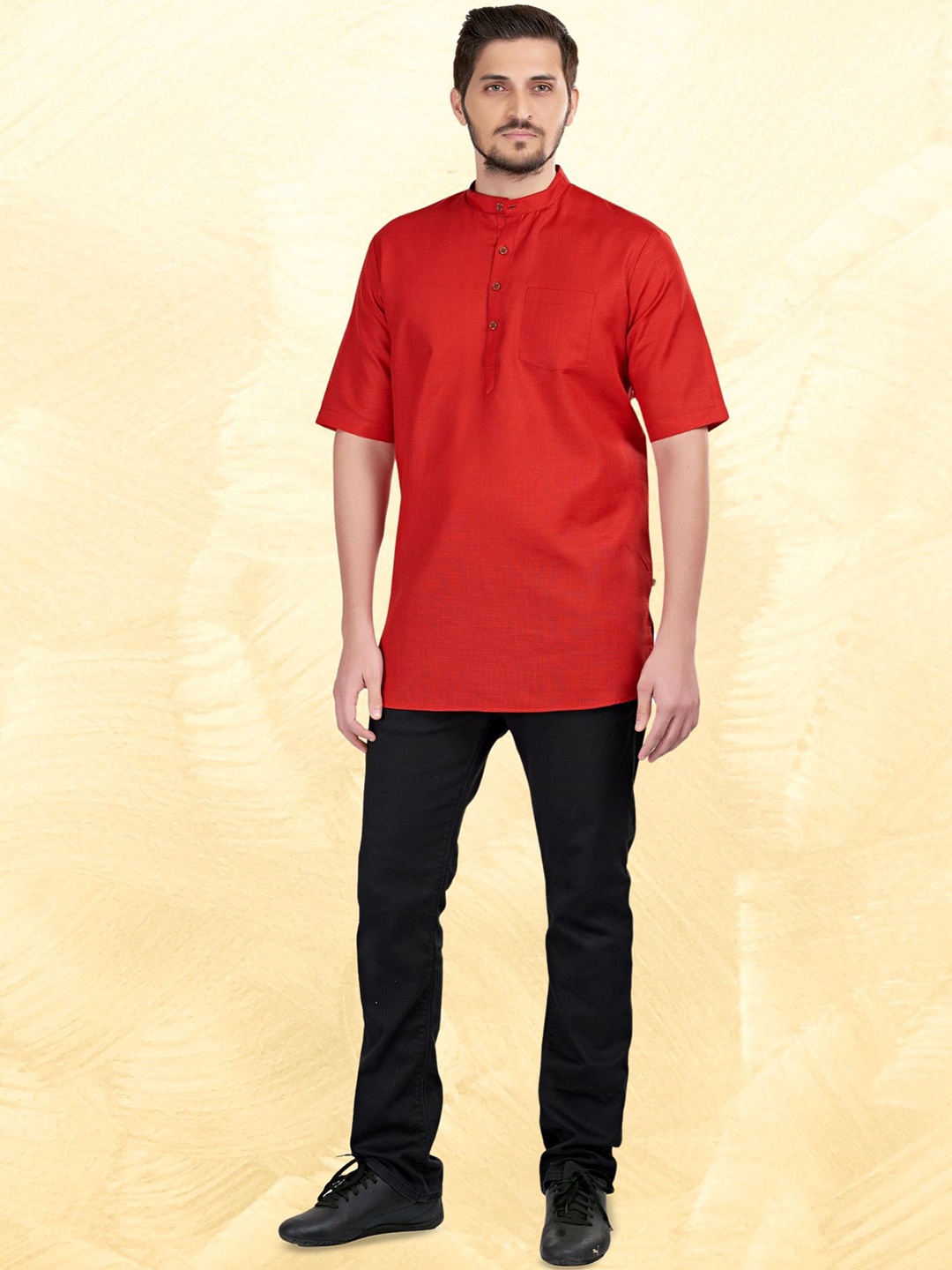 

ENCINO Band Collar Short Kurta, Red