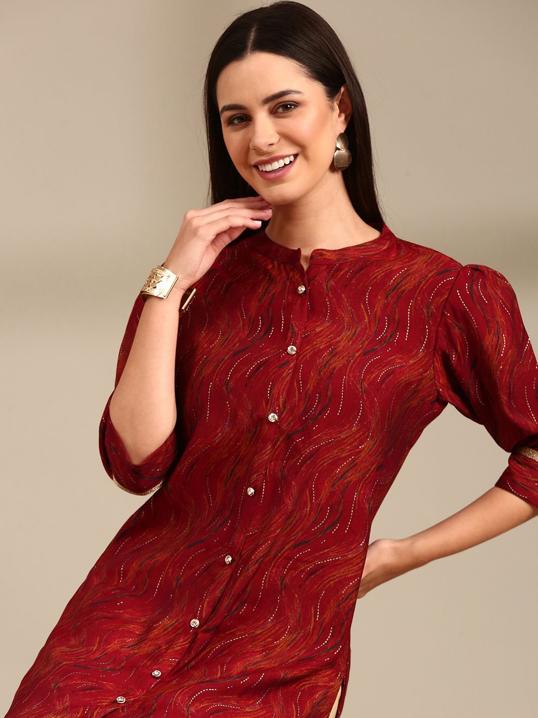 

Anouk Abstract Printed Puffed Sleeves Straight Kurta, Red