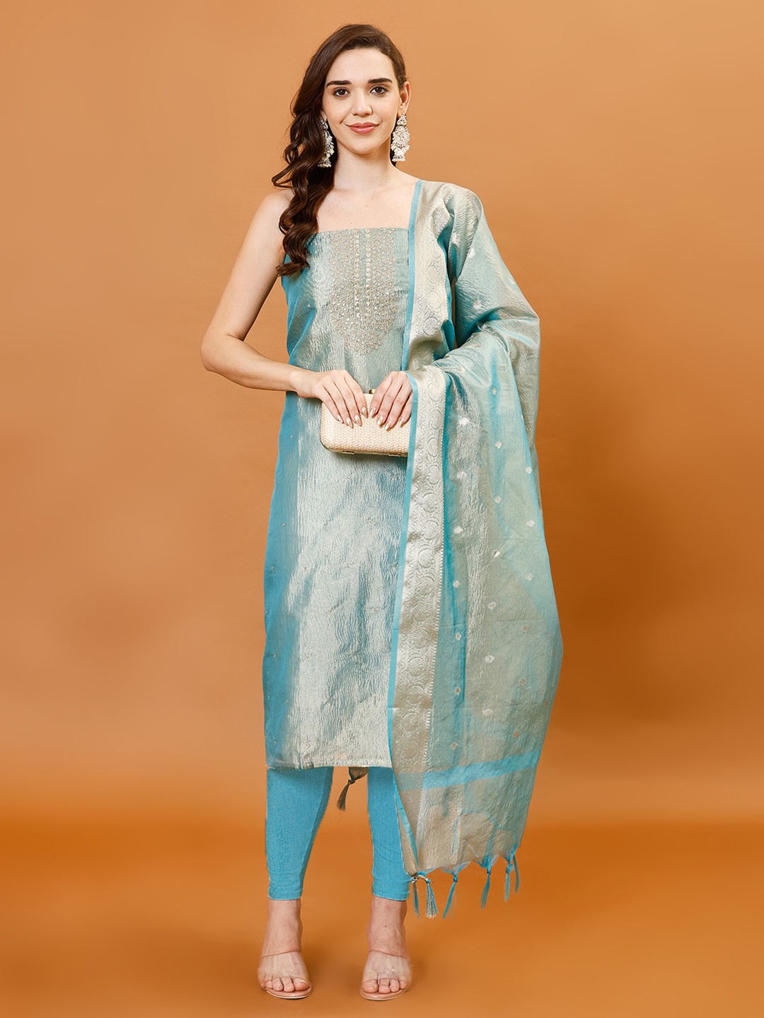 

Meena Bazaar Women Zari Embellished Embroidered Unstitched Dress Material, Blue
