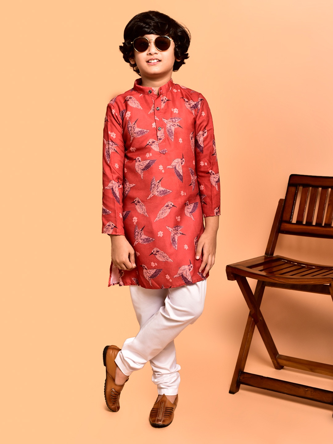 

PRINTCULTR Boys Quirky Printed Band Collar Neck Regular Kurta & Churidar, Red