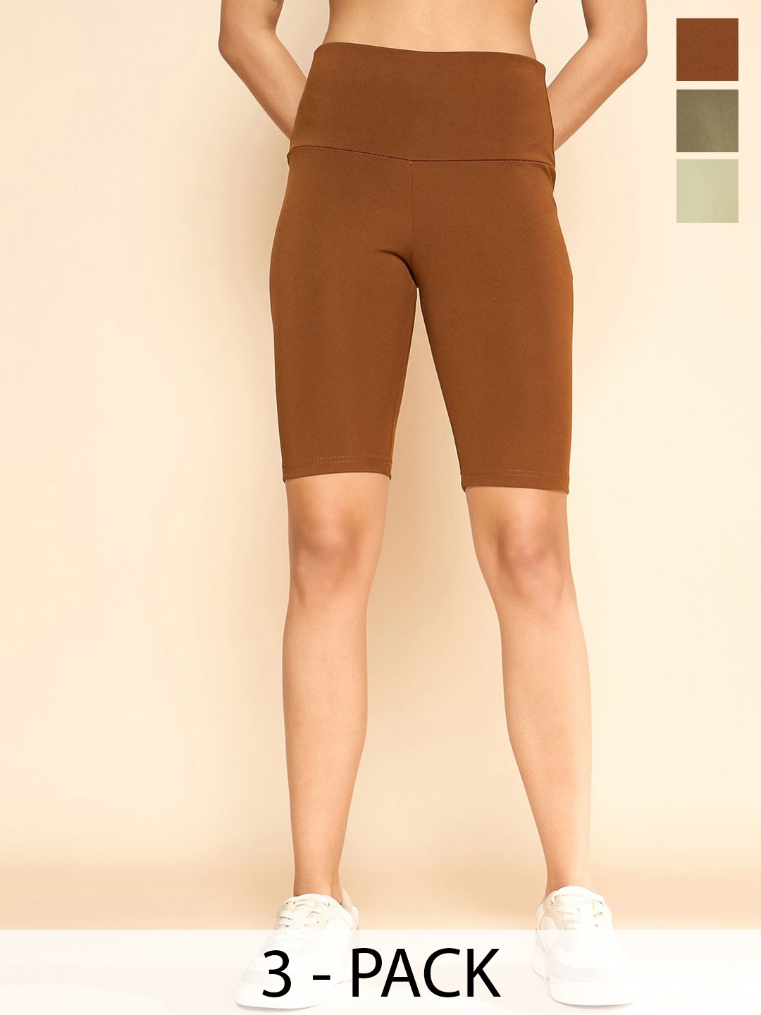 

COLOR CAPITAL Pack Of 3 Women High Rise Antimicrobial Flared Gym Tights, Brown