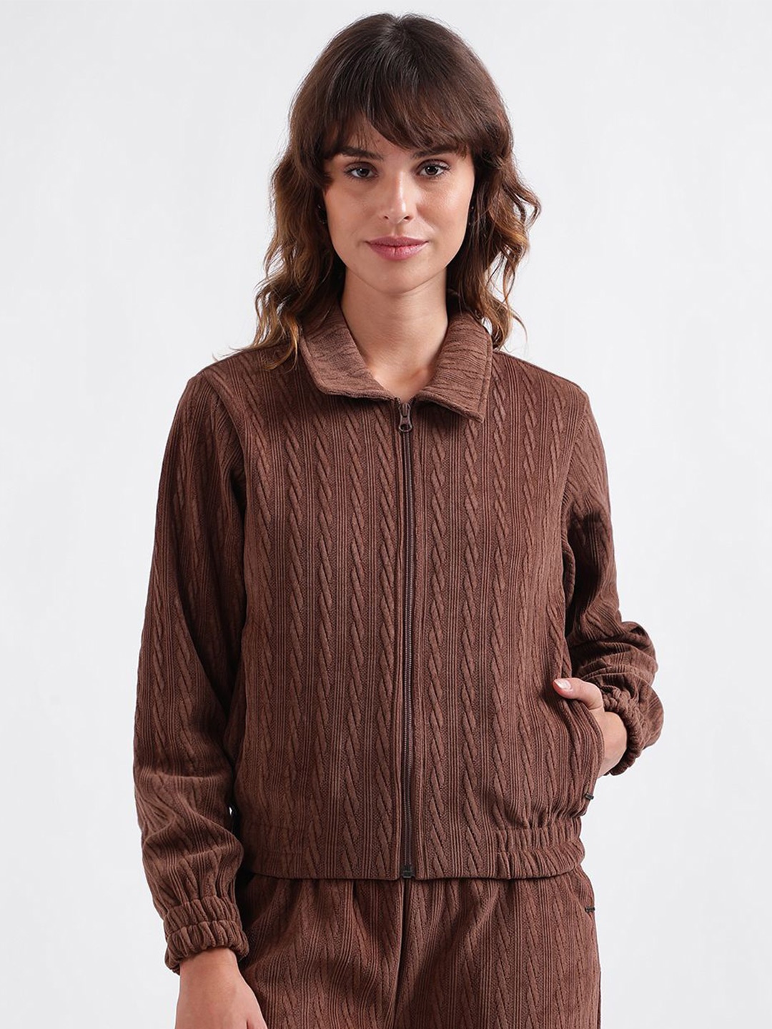 

ELLE Women Self Design Shirt Collar Front-Open Sweatshirt, Brown