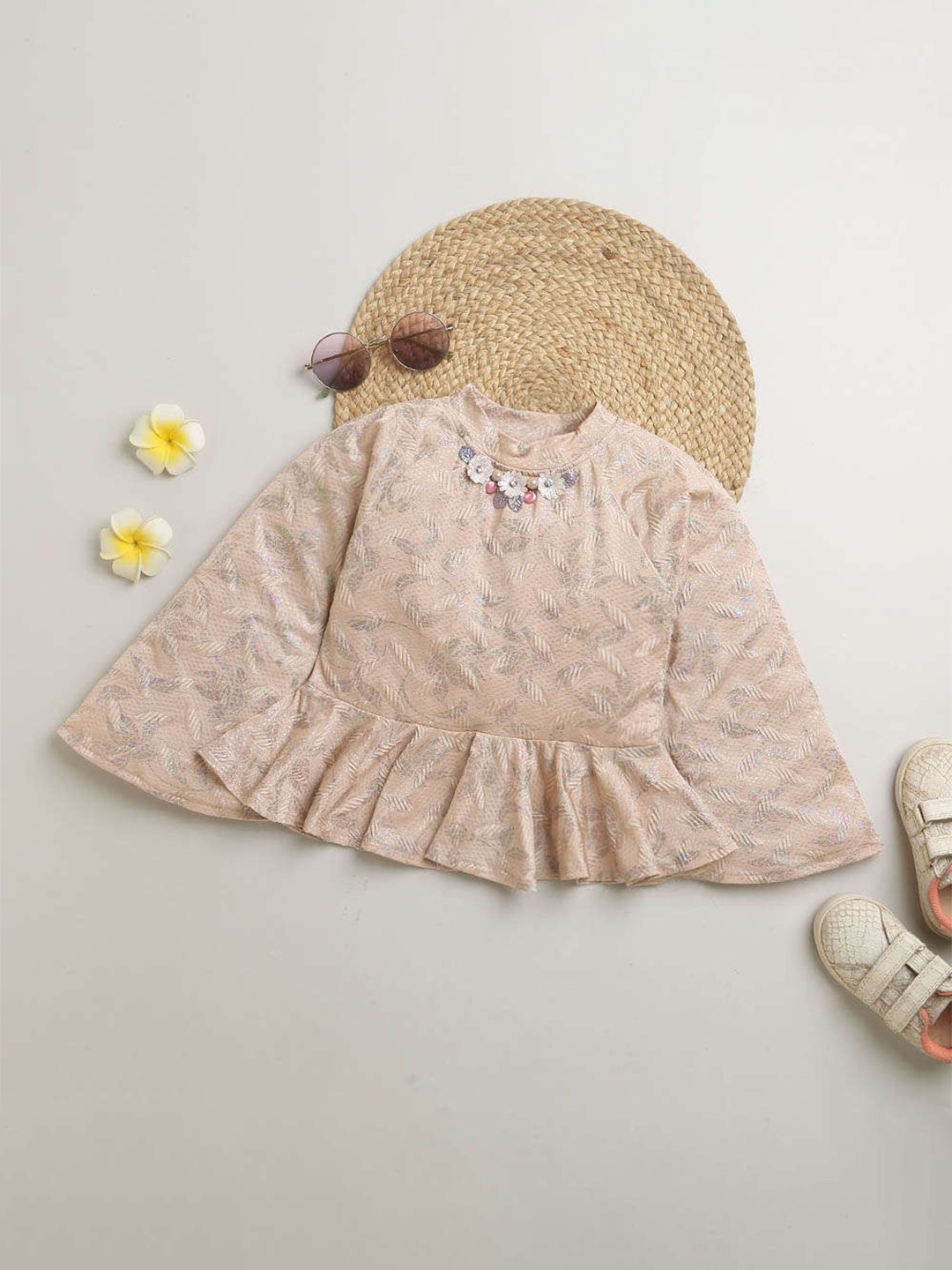 

Tiny Girl Floral Printed Round Neck Top, Pink