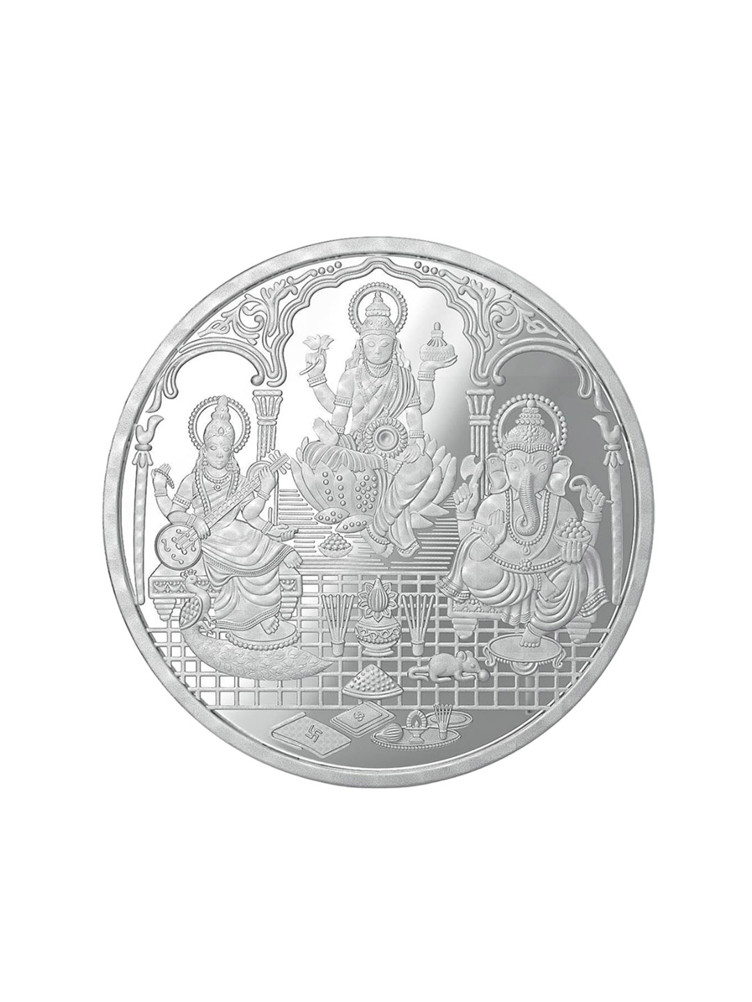 

Joyalukkas 999 Purity Ganesh Laskhmi Saraswathi Round Shaped Coin-250gm, Silver