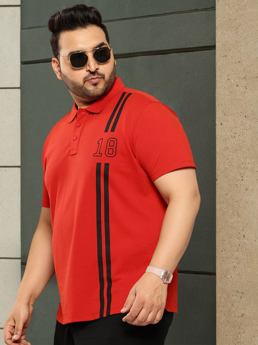 

Sztori Plus Size Varsity Printed Polo Collar T-shirt, Red