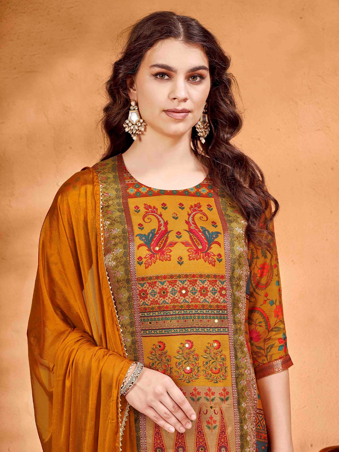 

Anouk Ethnic Motifs Printed Mirror Work Pure Silk Straight Kurta with Trousers & Dupatta, Mustard