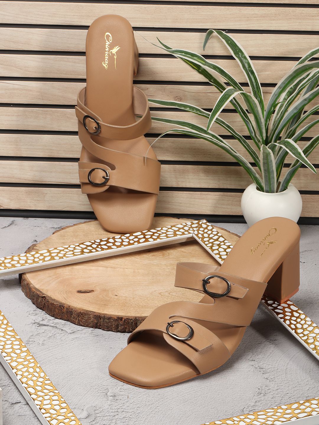 

CHINRAAG Women Buckled Block Heels Sandals, Beige