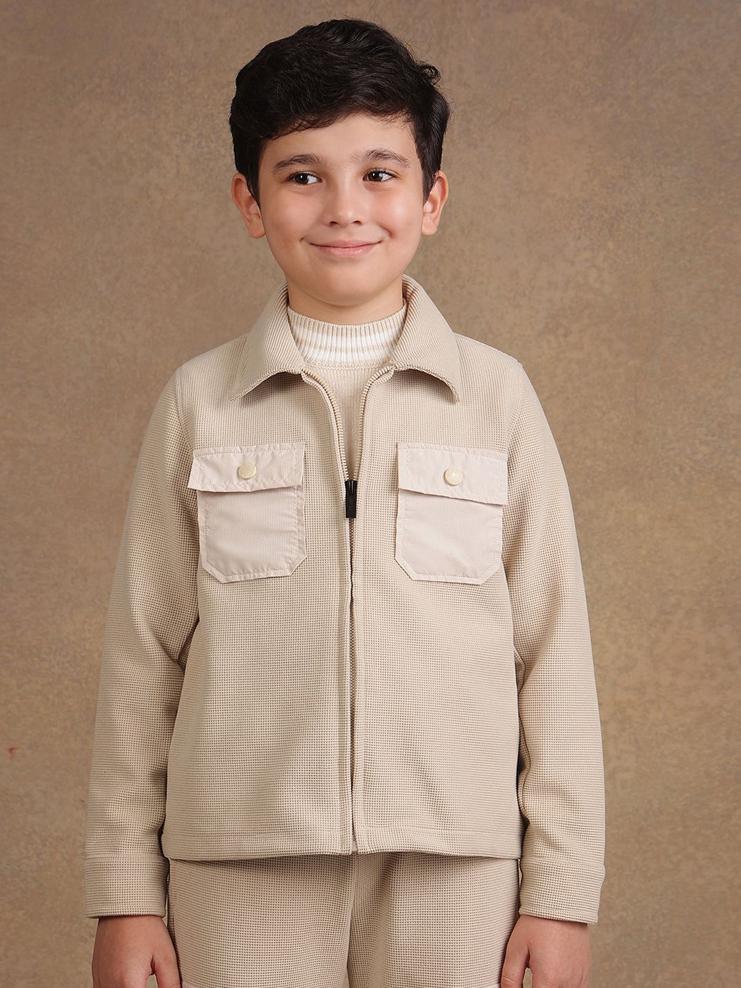 

One Friday Boys Spread Collar Self Design Casual Open Front Jacket, Beige