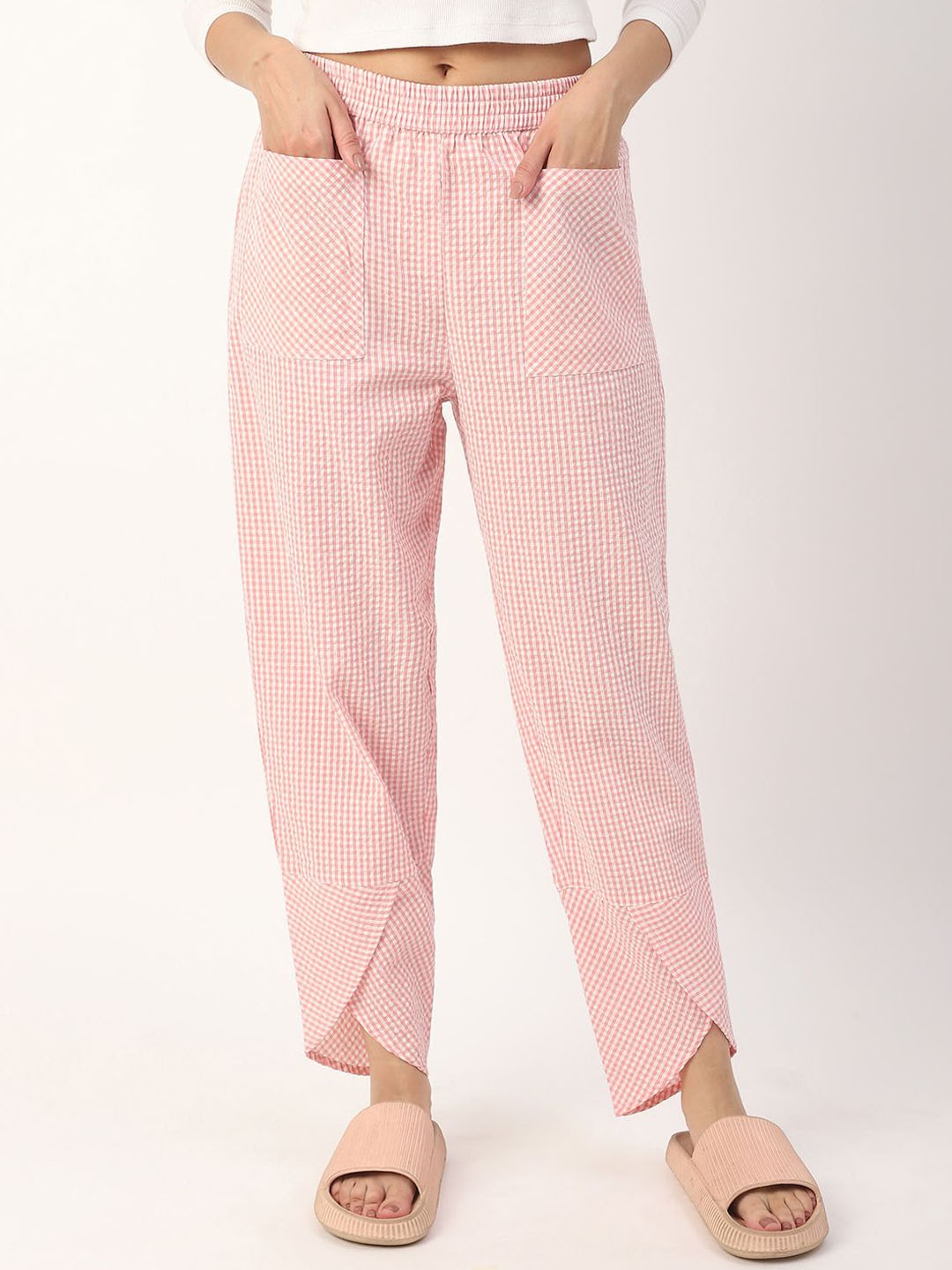 

Mystere Paris Women Tiny Checkered Cotton Seersucker Trousers, Pink