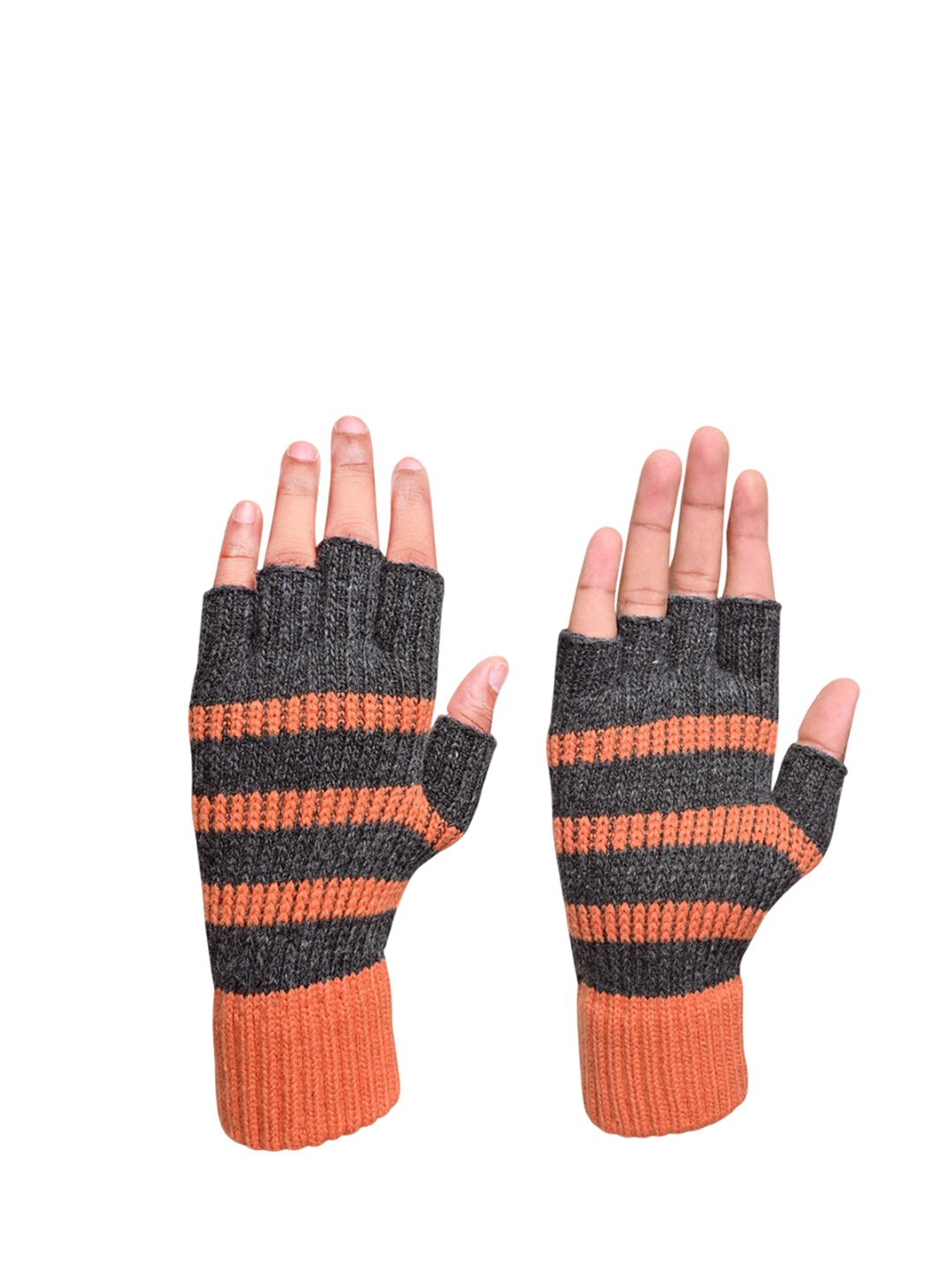 

LOOM LEGACY Men Striped Acrylic Fingerless Gloves, Orange