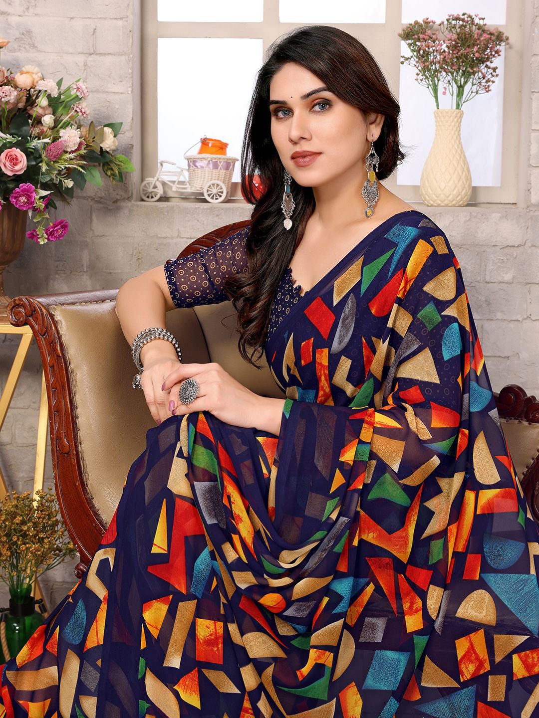 

ANAND SAREES Geometric Printed Saree solid border border, Navy blue