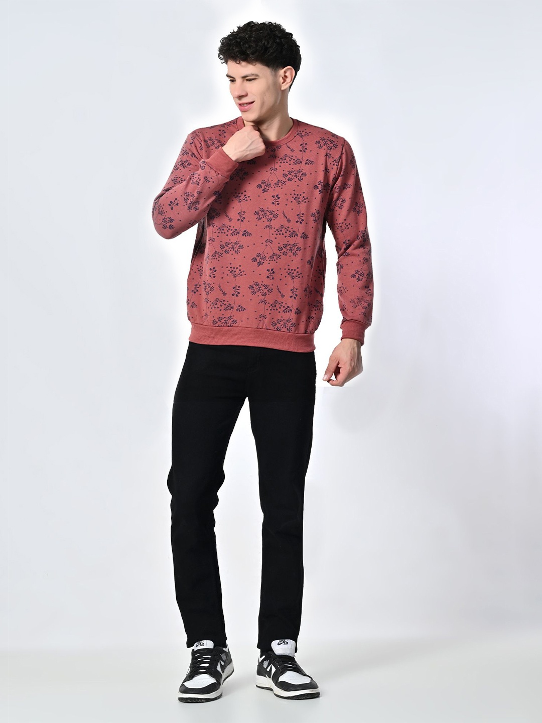 

BAESD Men Floral Printed Round Neck Fleece Pullover Ribbed Sweatshirt, Maroon