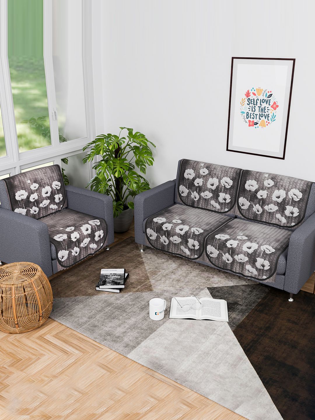 

Kuber Industries Grey & White 6 Pieces Printed 3-Seater Velvet Sofa Cover