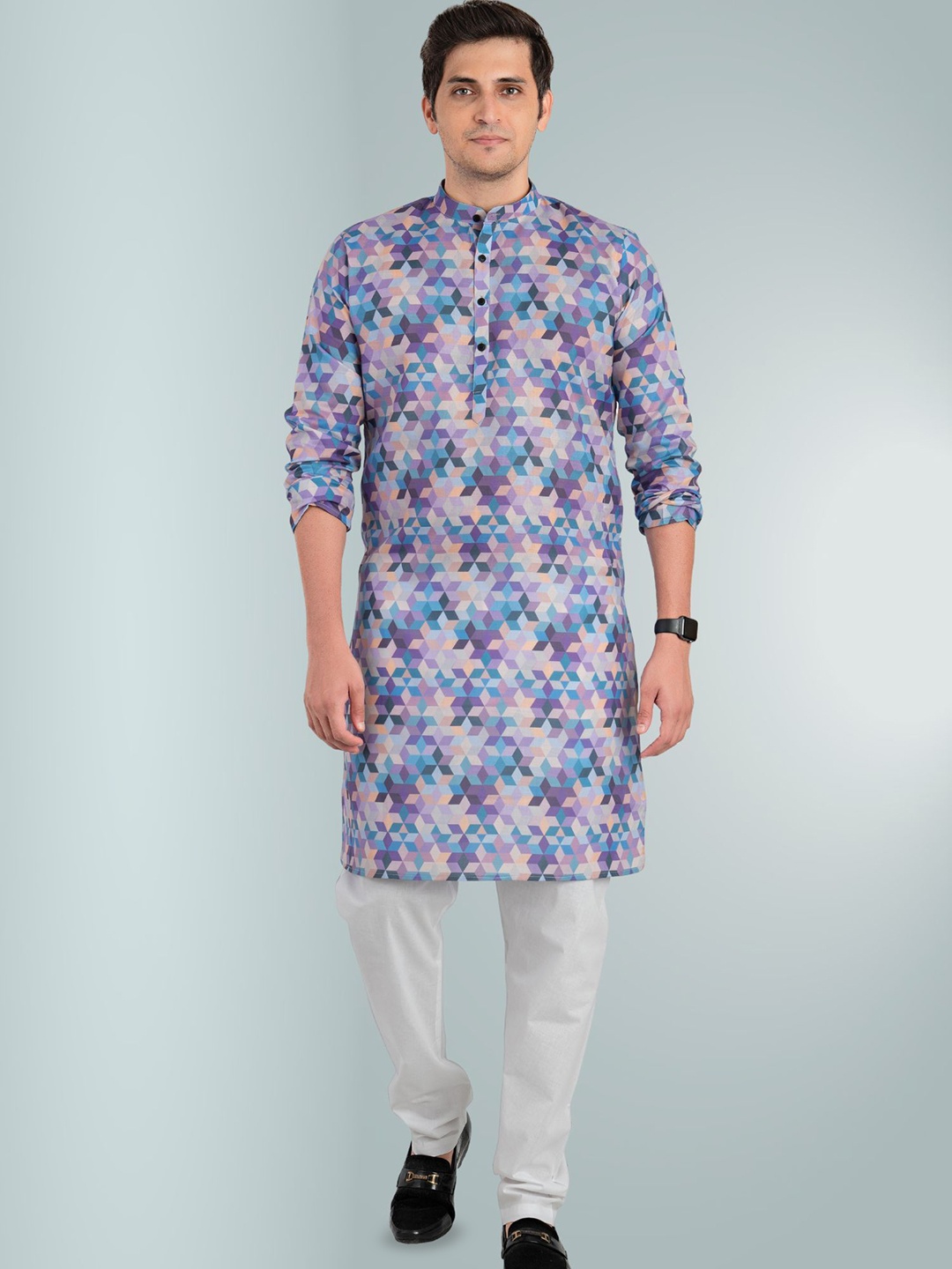 

ENCINO Geometric Printed Mandarin Collar Cotton Straight Kurta, Blue