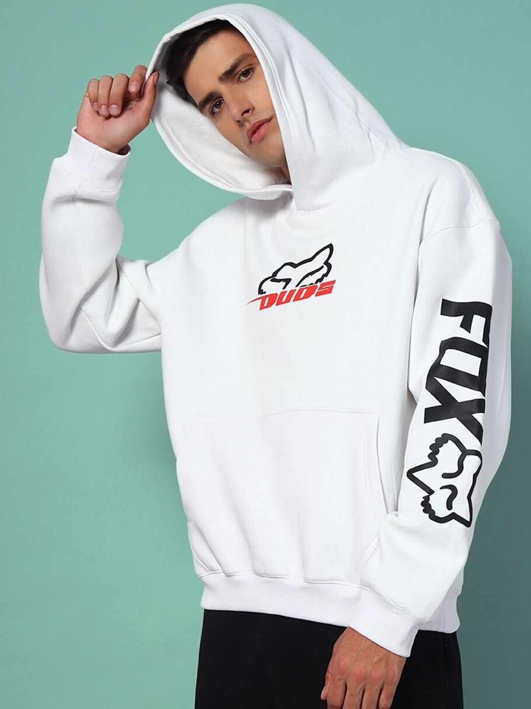 

WEARDUDS Printed Hooded Sweatshirt With Shorts Co-Ords, White