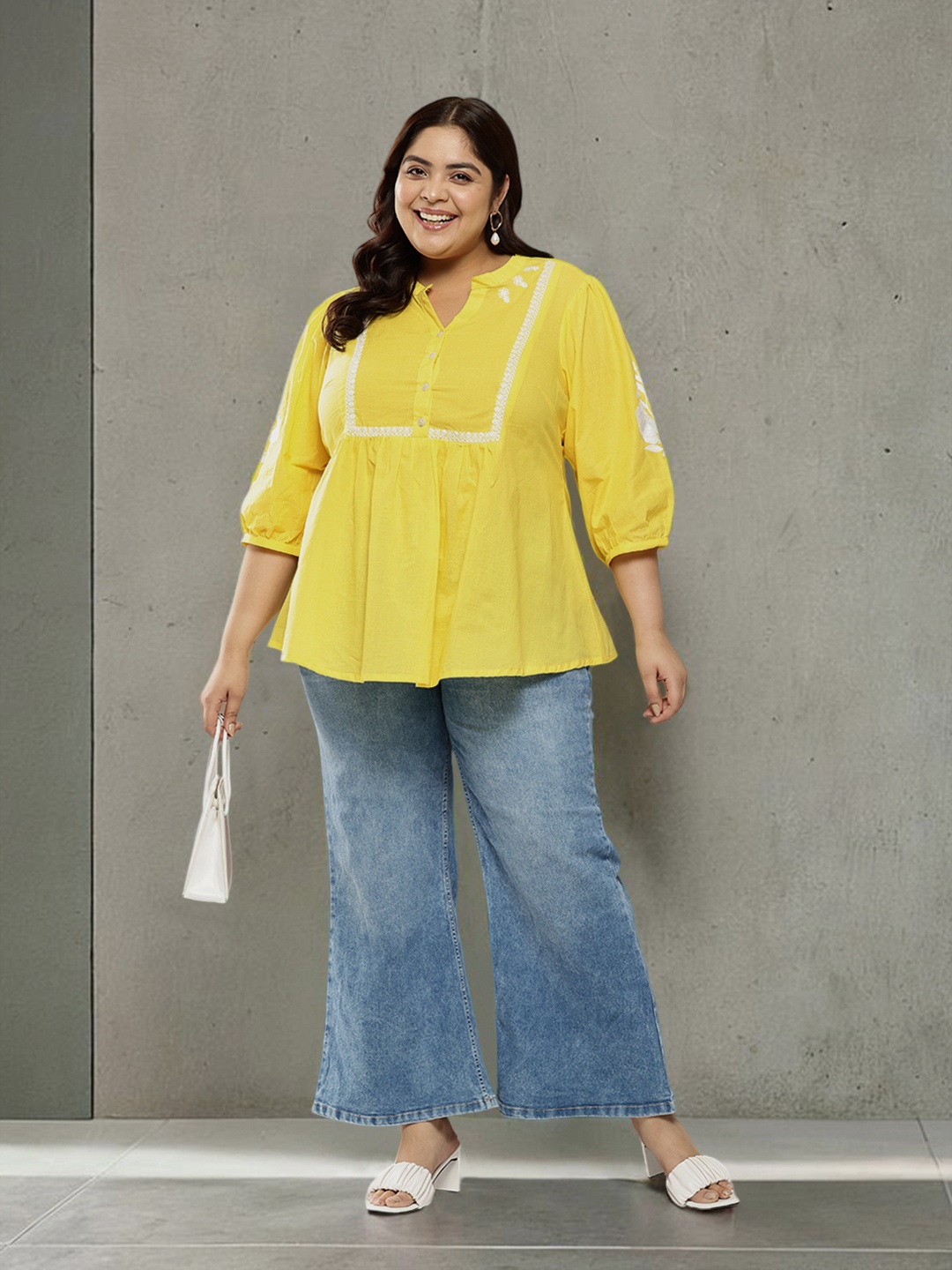 

Sztori Plus Size Embroidered Pure Cotton Short Kurti, Yellow