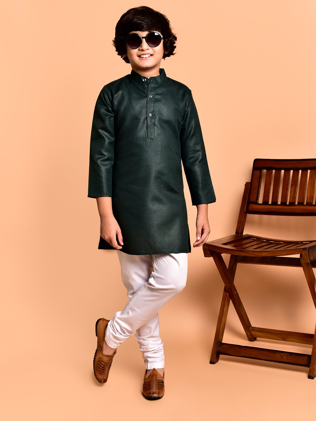 

PRINTCULTR Boys Band Collar Neck Three-Quarter Sleeves Regular Kurta & Churidar, Green
