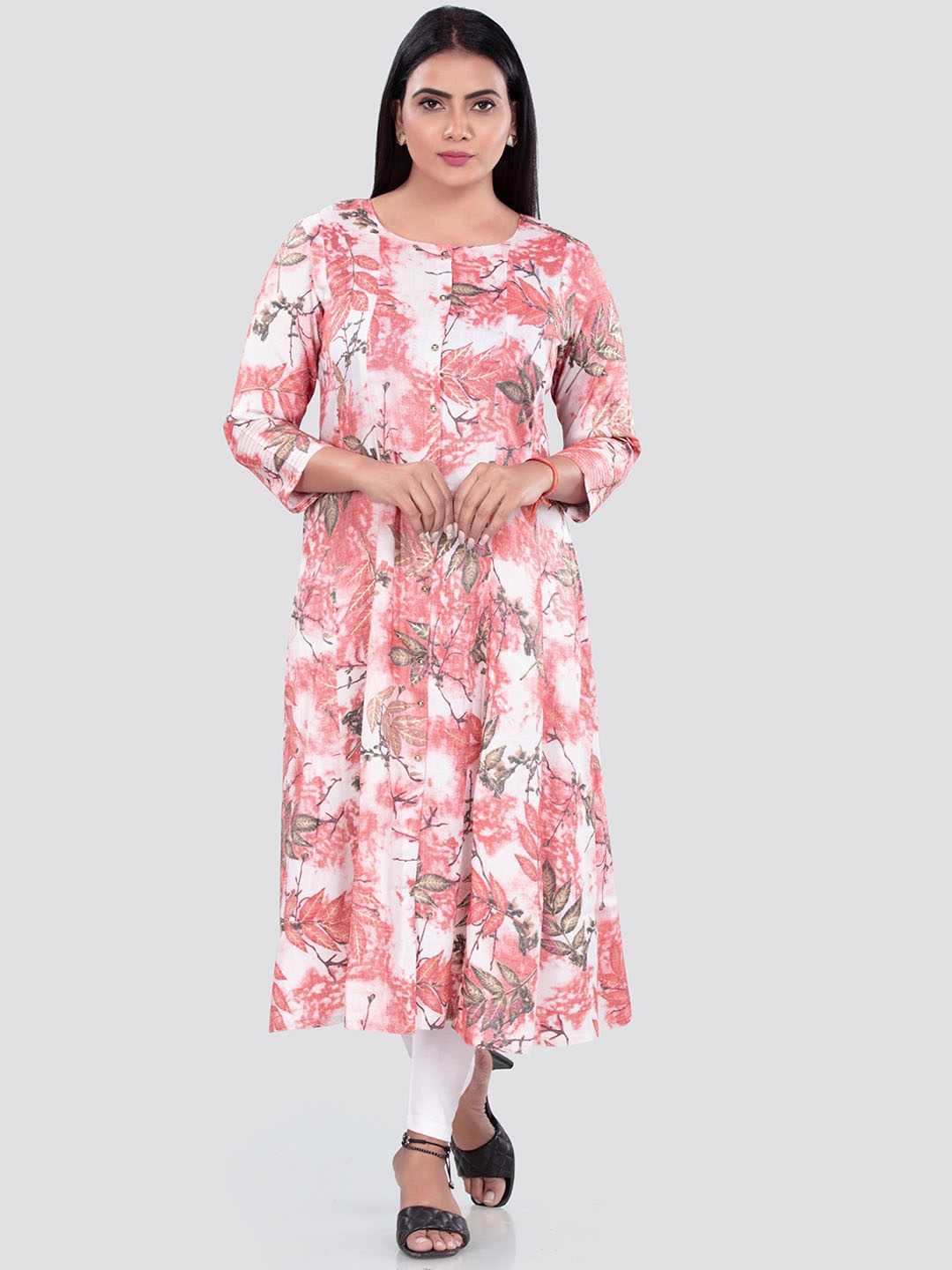 

COTTON CULTURE Floral Printed Round Neck A-Line Kurta, Pink