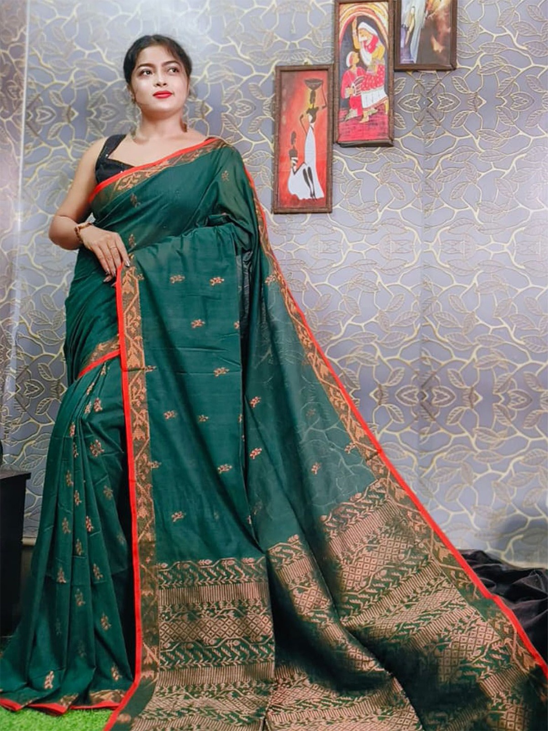 

ODETTE Woven Design Zari Saree with Unstitched Blouse, Green