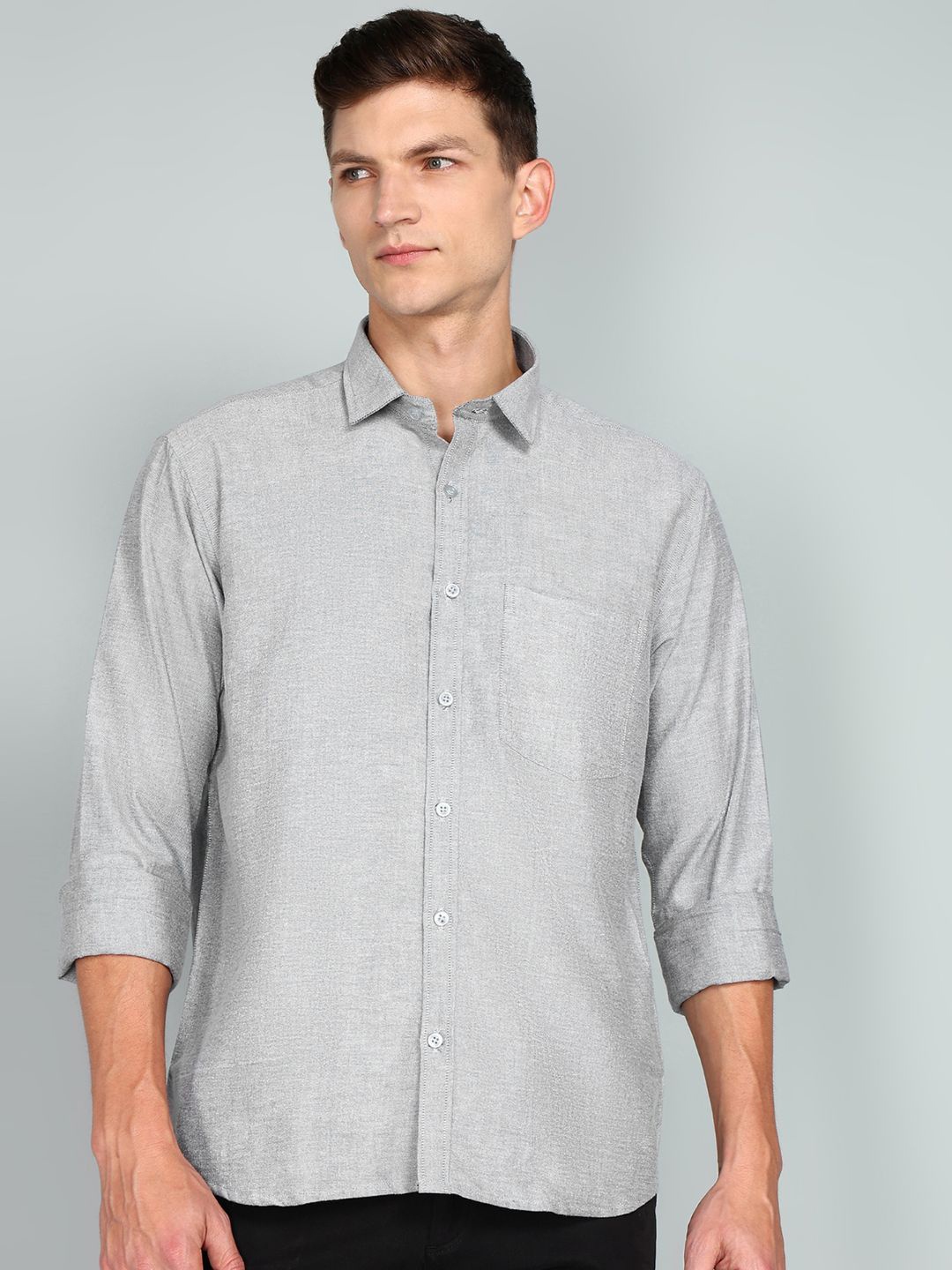 

Ethazh Men Spread Collar Solid Cotton Formal Shirt, Grey