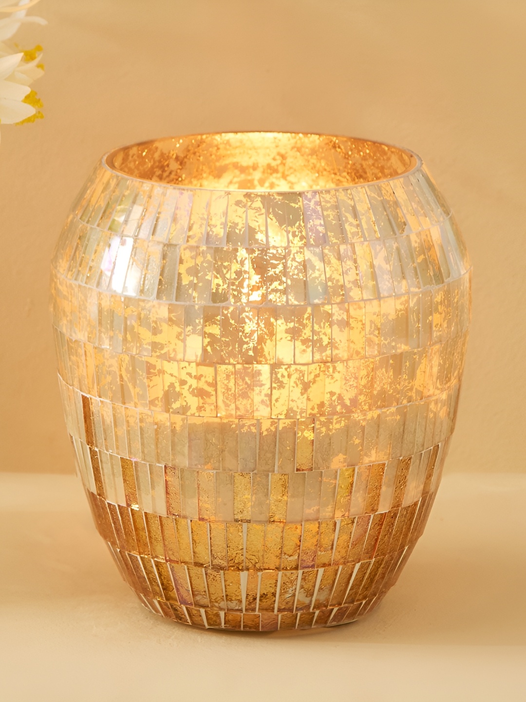 

Home Centre Mabel Kamal Gold-Toned Glass Mosaic Hurricane Candle Holder