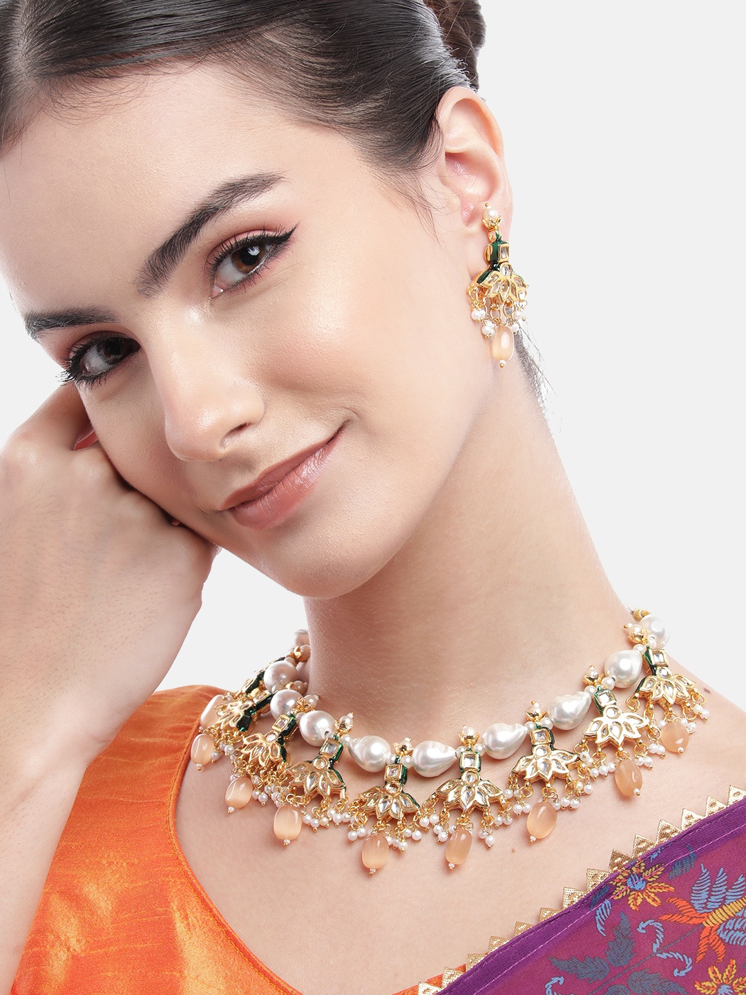 

Anouk Gold-Plated Lotus Drop Earrings Kundan Necklace Set, Peach