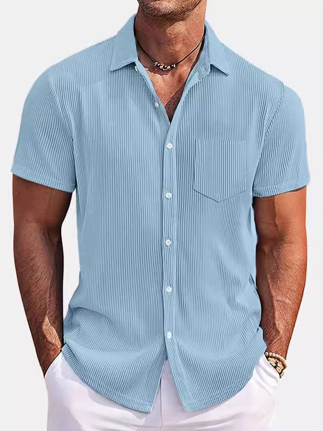 

StyleCast Men Spread Collar Vertical Striped Cotton Casual Shirt, Blue