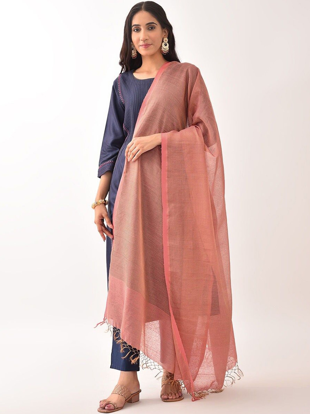 

JAYPORE Striped Tasselled Border Dupatta, Peach