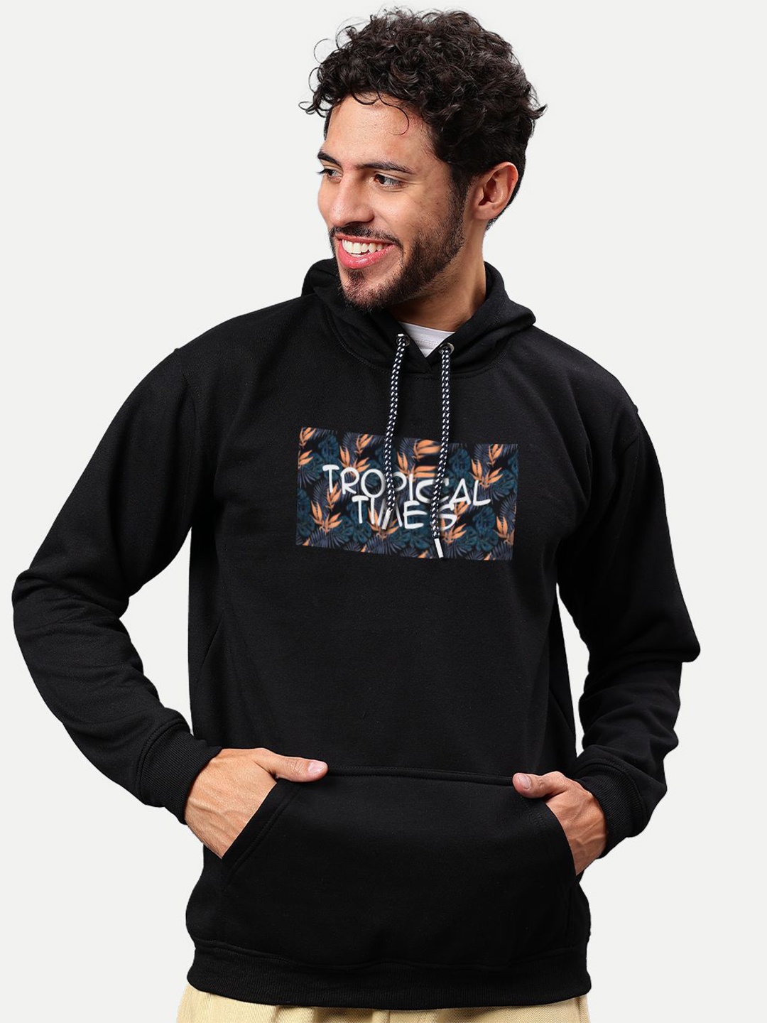 

Mad Over Print Men Typography Printed Hood Pullover Ribbed Sweatshirt, Black