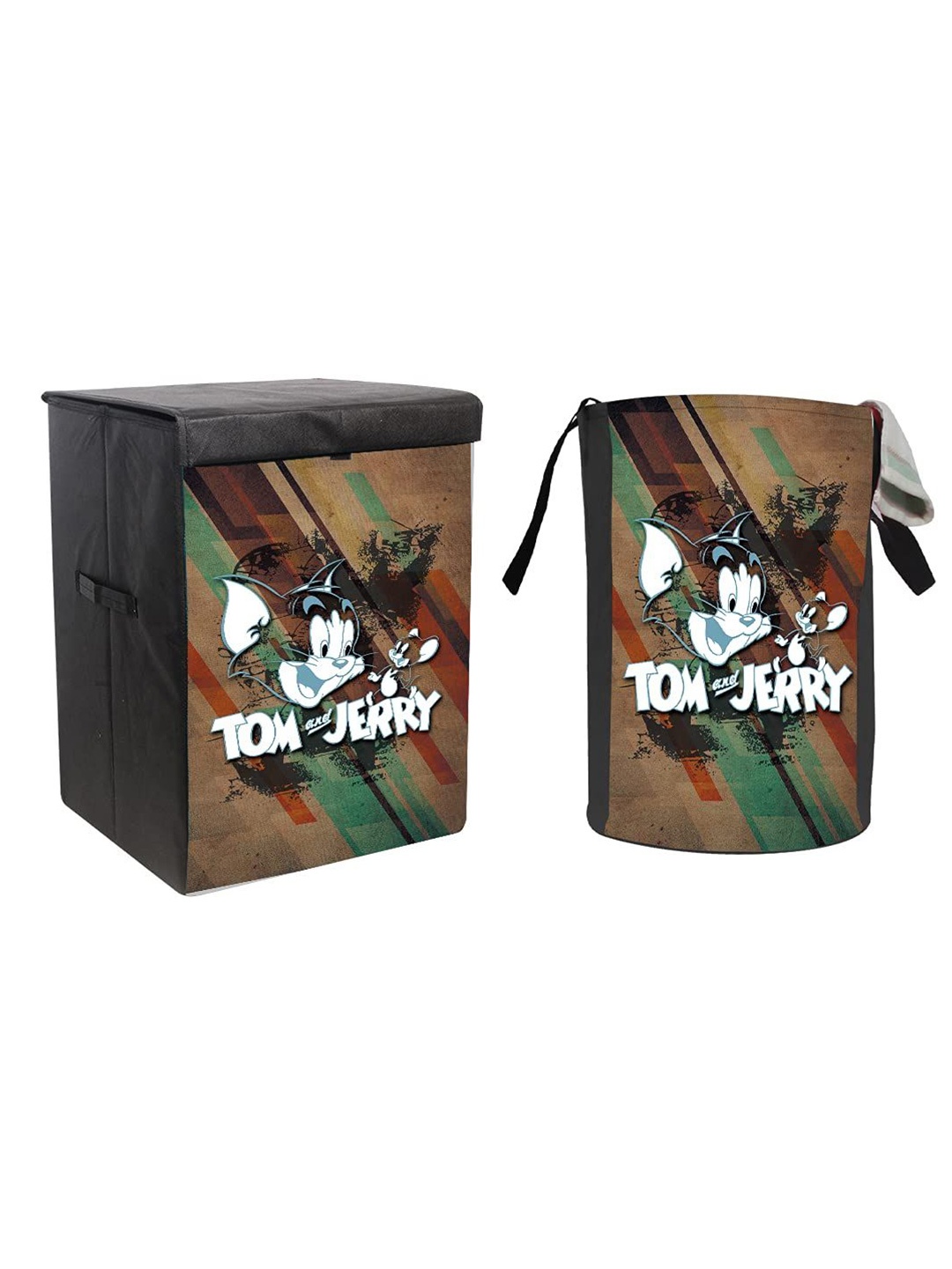 

prettykrafts Brown & Black 2 Pieces Tom & Jerry Printed Laundry Bag With Lid