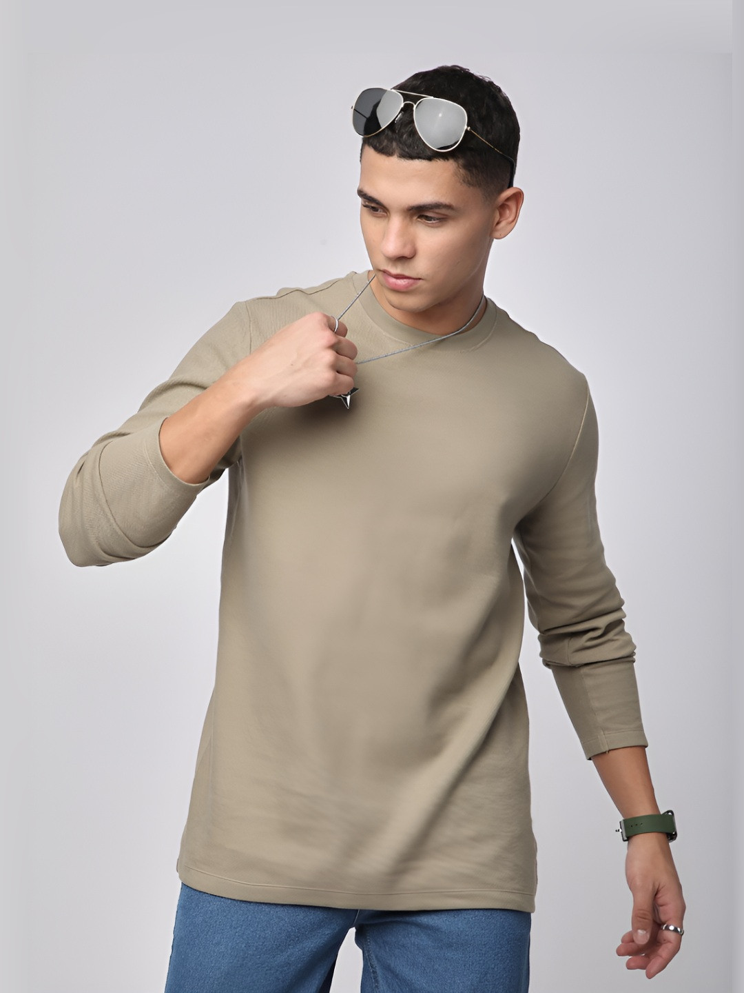 

R&B Men Solid Round Neck Cotton Relaxed Fit T-shirt, Olive
