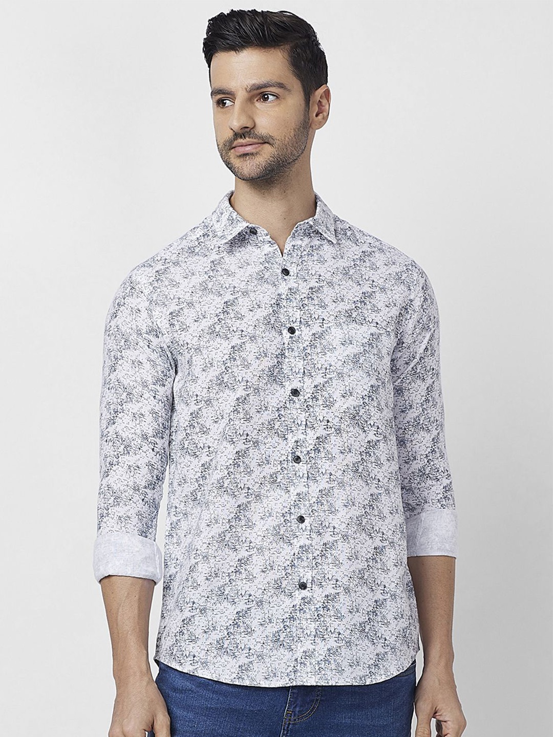 

SNX Men Spread Collar Floral Printed Cotton Tailored Fit Casual Shirt, Grey