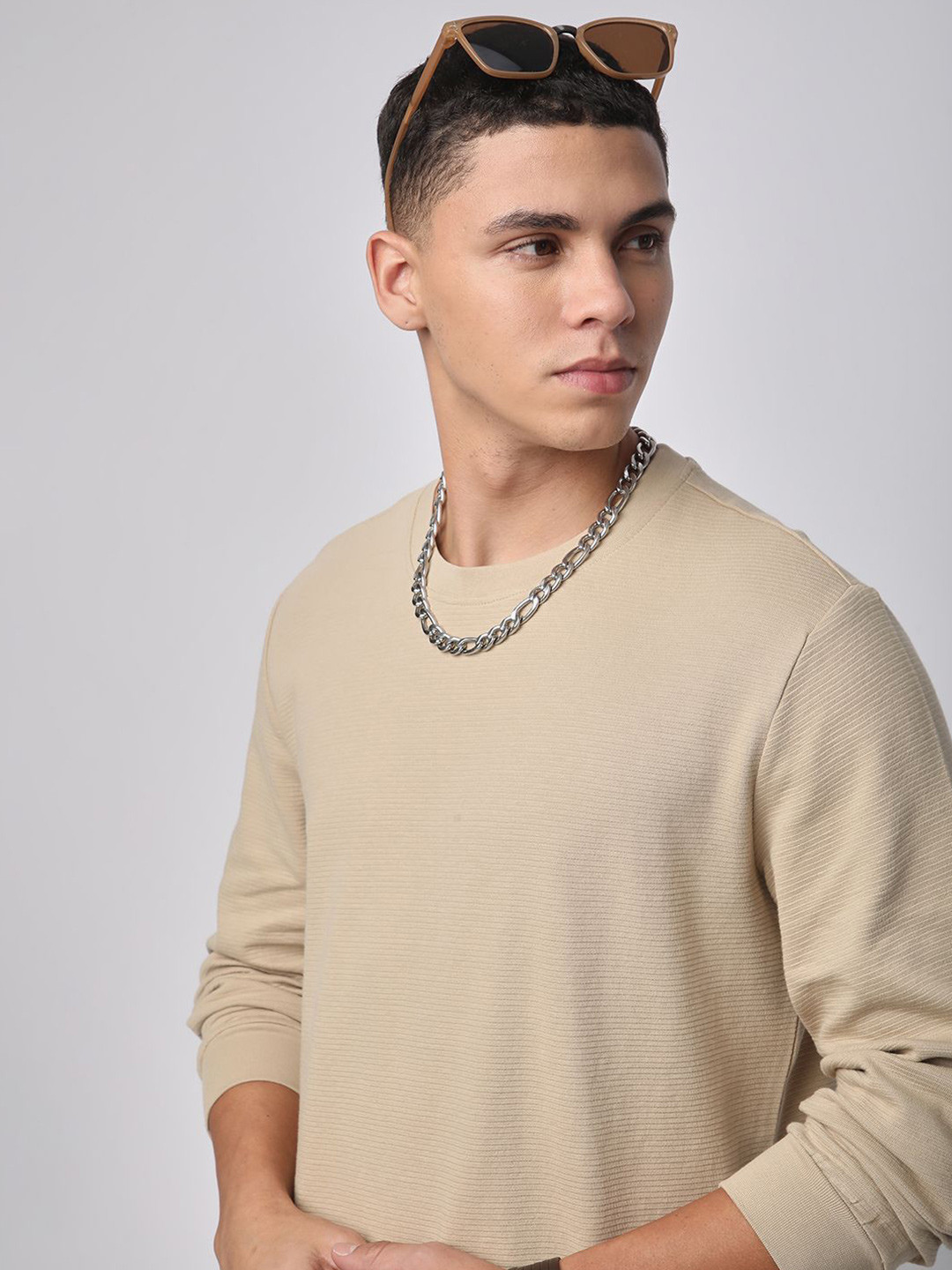 

R&B Men Solid Round Neck Cotton Pullover Sweatshirt, Beige