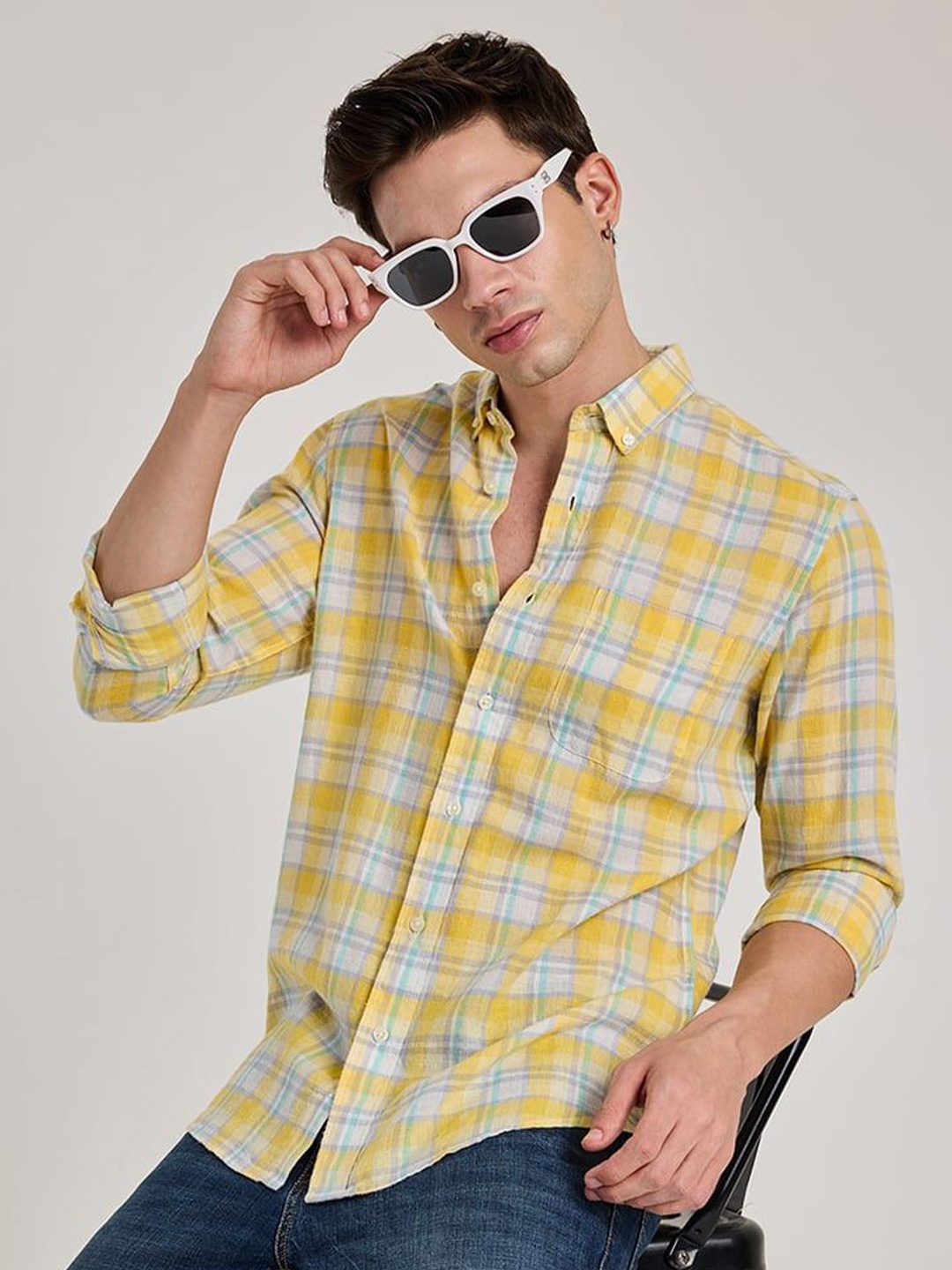 

Snitch Men Smart Button-Down Collar Tartan Checked Linen Casual Shirt, Yellow