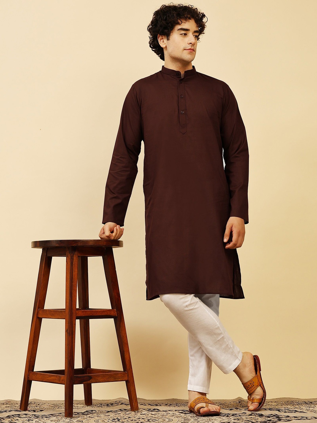 

SKAVIJ Band Collar Pure Cotton Kurta With Trousers, Brown
