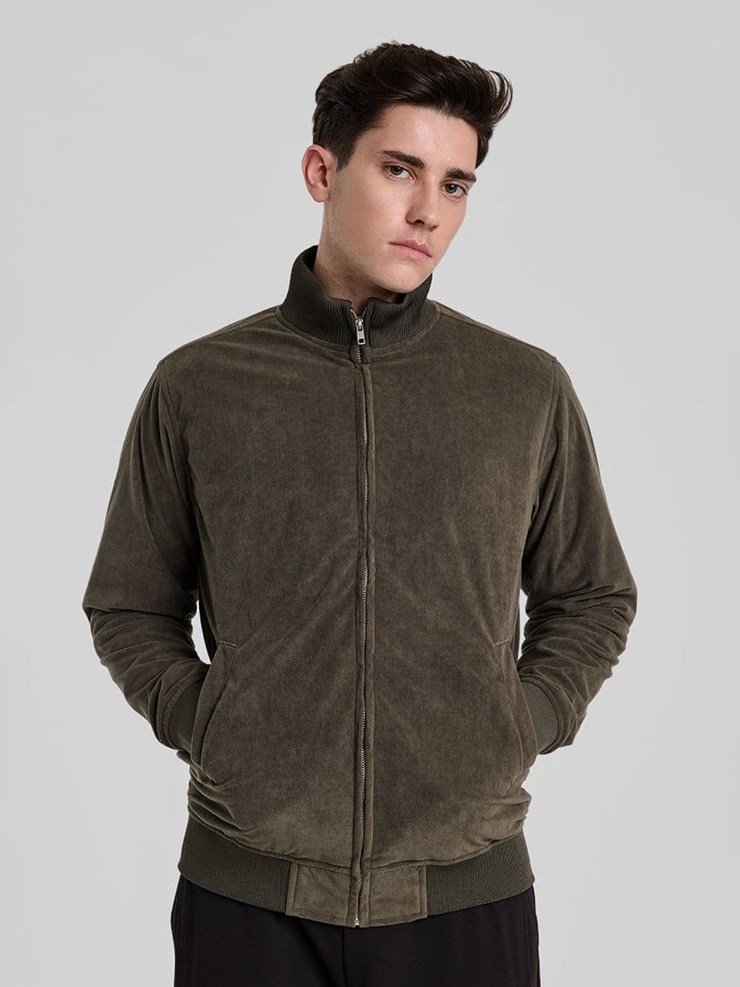 

Snitch Men Mock Collar Solid Casual Open Front Jacket, Olive