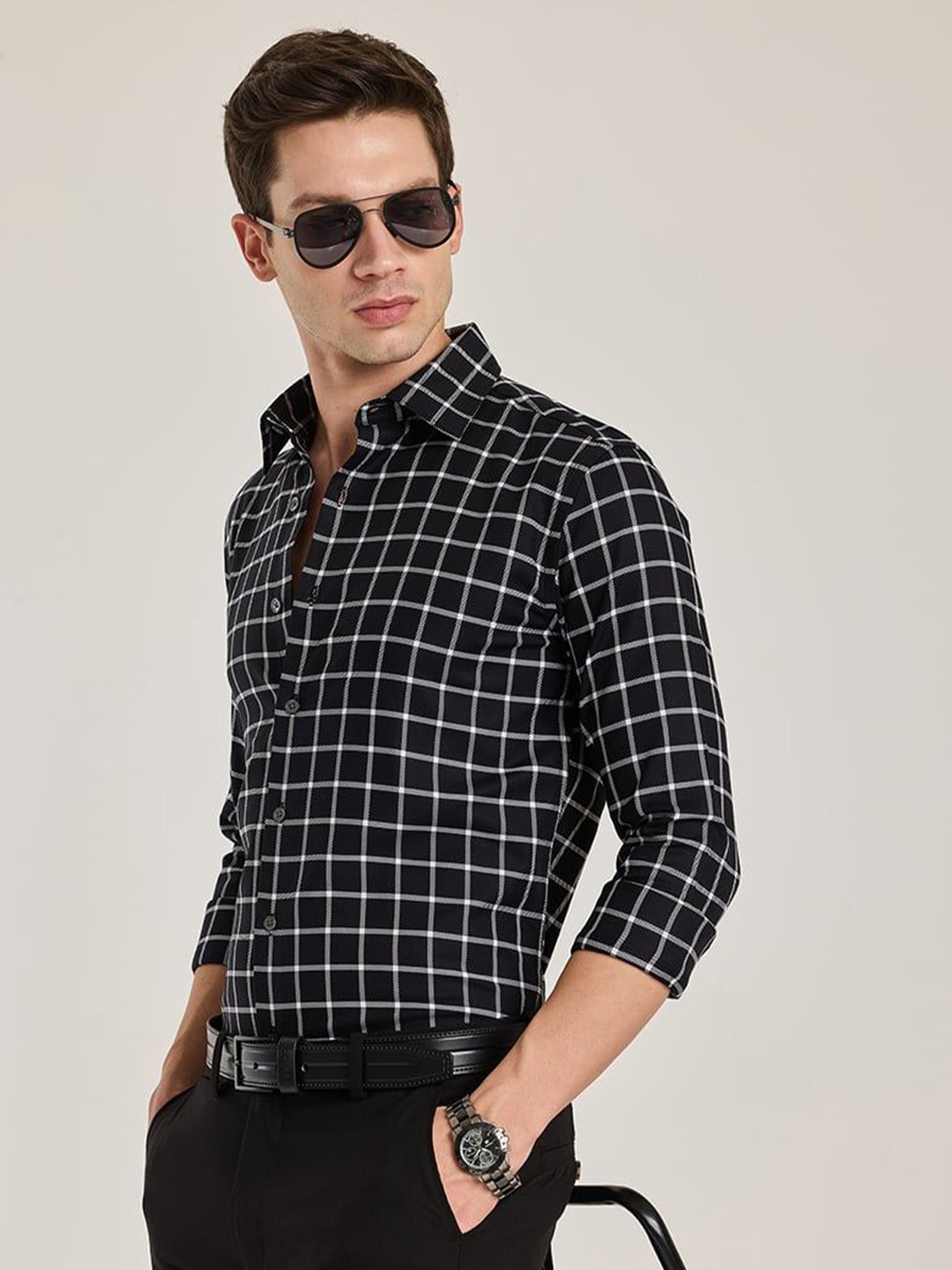 

Snitch Men Smart Spread Collar Checked Cotton Casual Shirt, Black