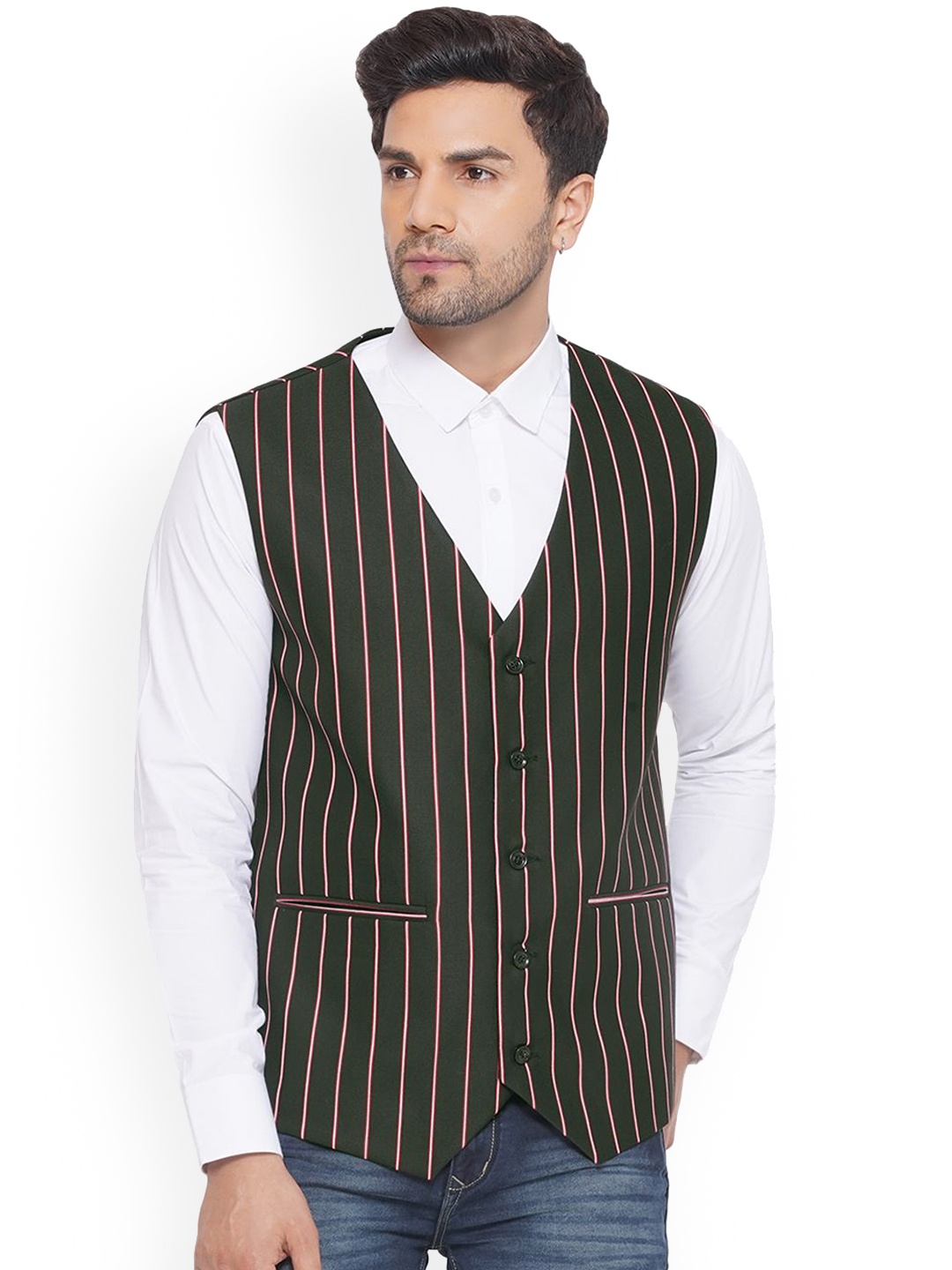 

VEERA PARIDHAAN Striped Woven Waistcoat, Green