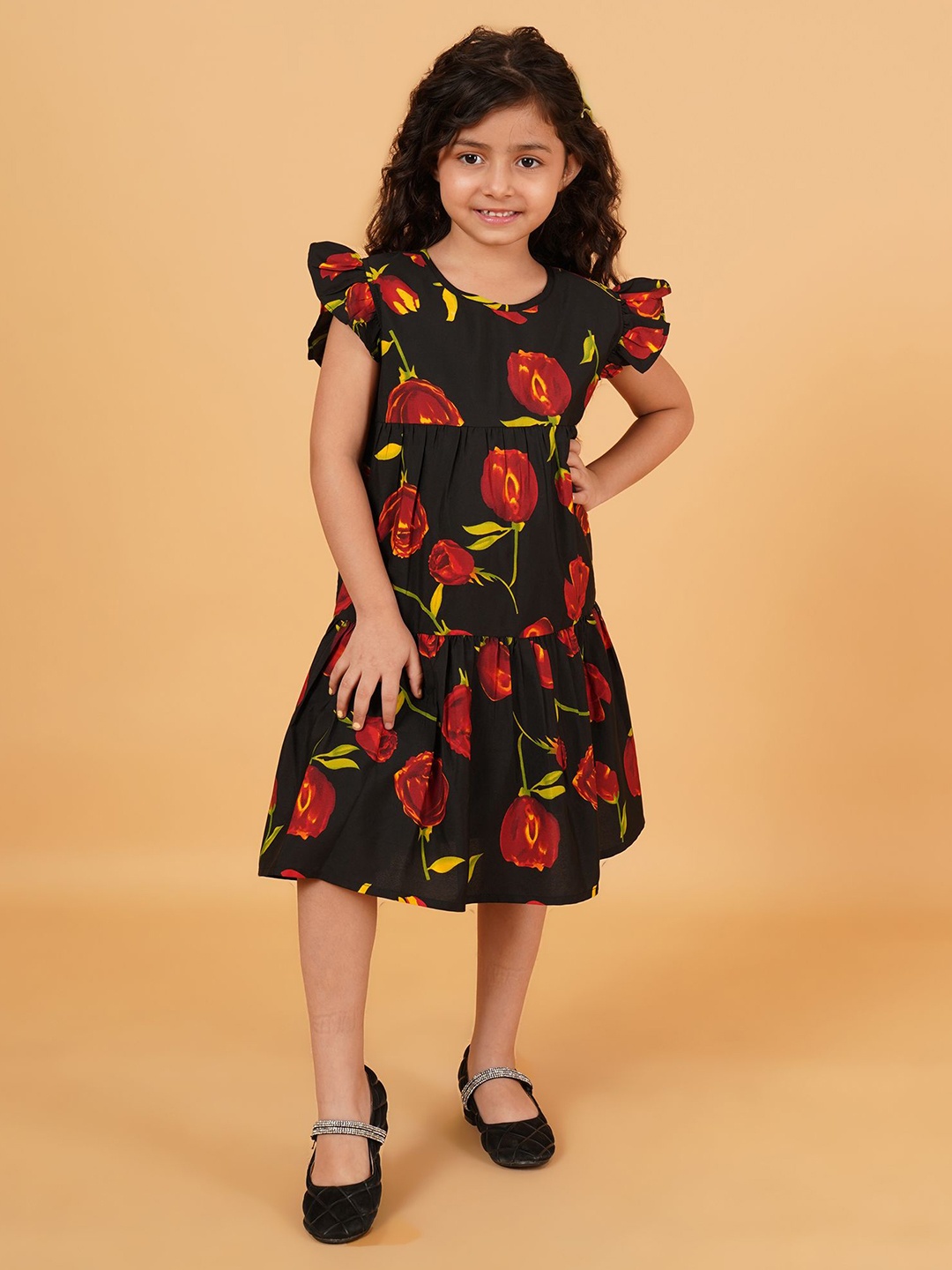 

HERE&NOW Girls Floral Printed Flutter Sleeve A-Line Dress, Black