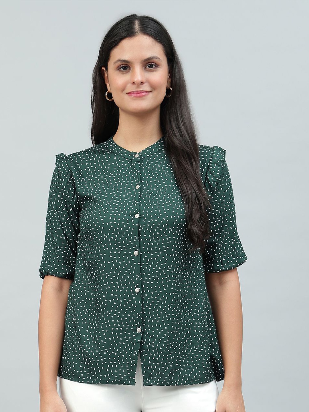 

FLAMBOYANT Women Polka Dots Printed Mandarin Collar Top, Green