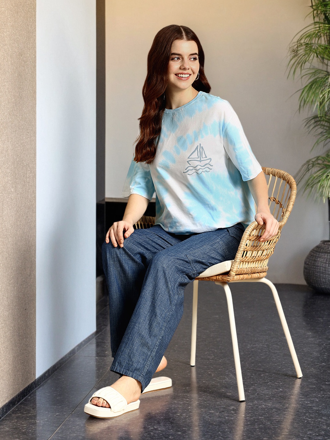 

Mast & Harbour Women Relaxed Fit Tie and Dye Drop-Shoulder Sleeves Pure Cotton T-shirt, Blue
