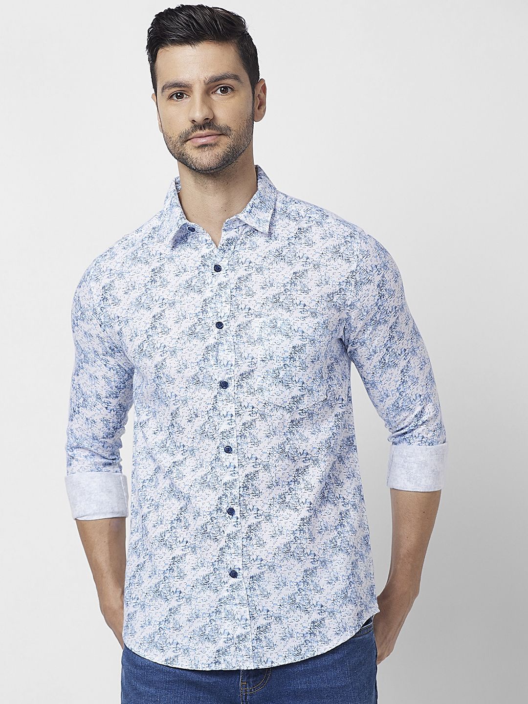 

SNX Men Spread Collar Abstract Printed Cotton Tailored Fit Casual Shirt, Blue