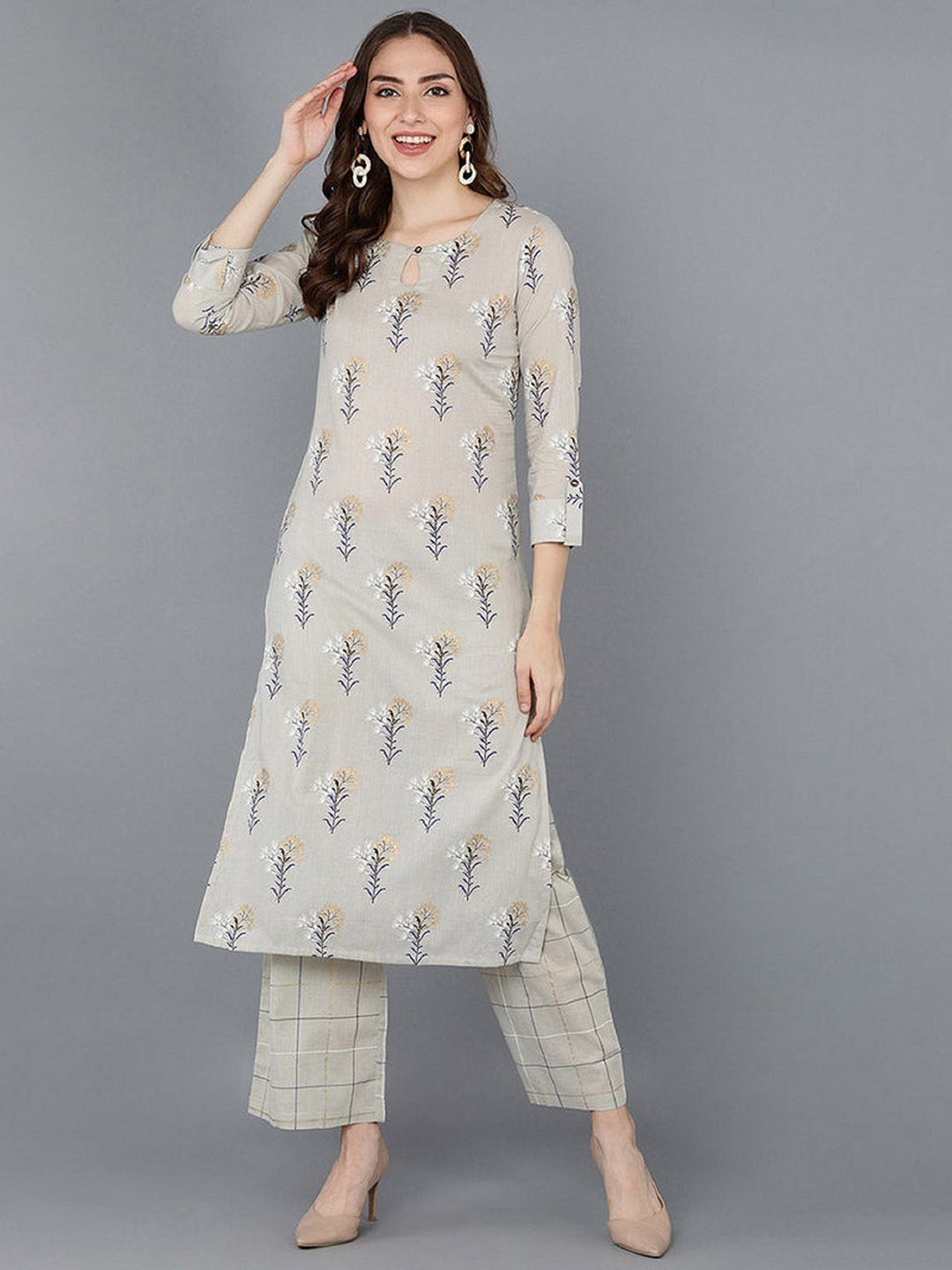 

MAHALASA Women Ethnic Motifs Printed Regular Pure Cotton Kurta with Palazzos, Beige