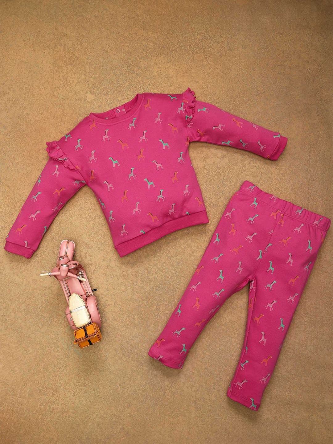 

One Friday Girls Pure Cotton Printed Night suit, Pink