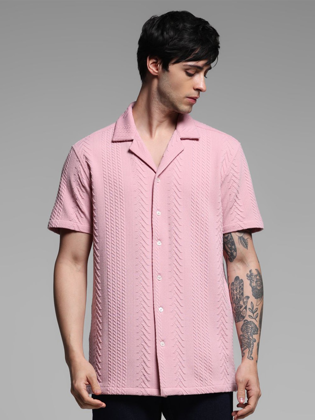 

Jack & Jones Men Cuban Collar Textured Oversized Casual Shirt, Pink