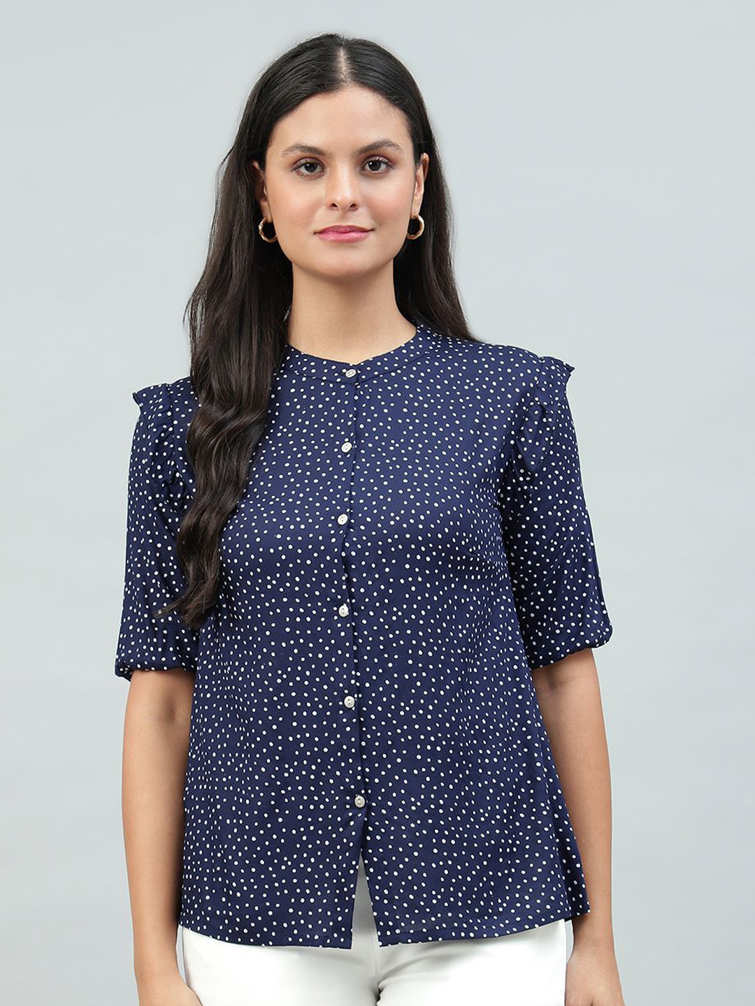 

FLAMBOYANT Women Polka Dots Printed Mandarin Collar Top, Blue