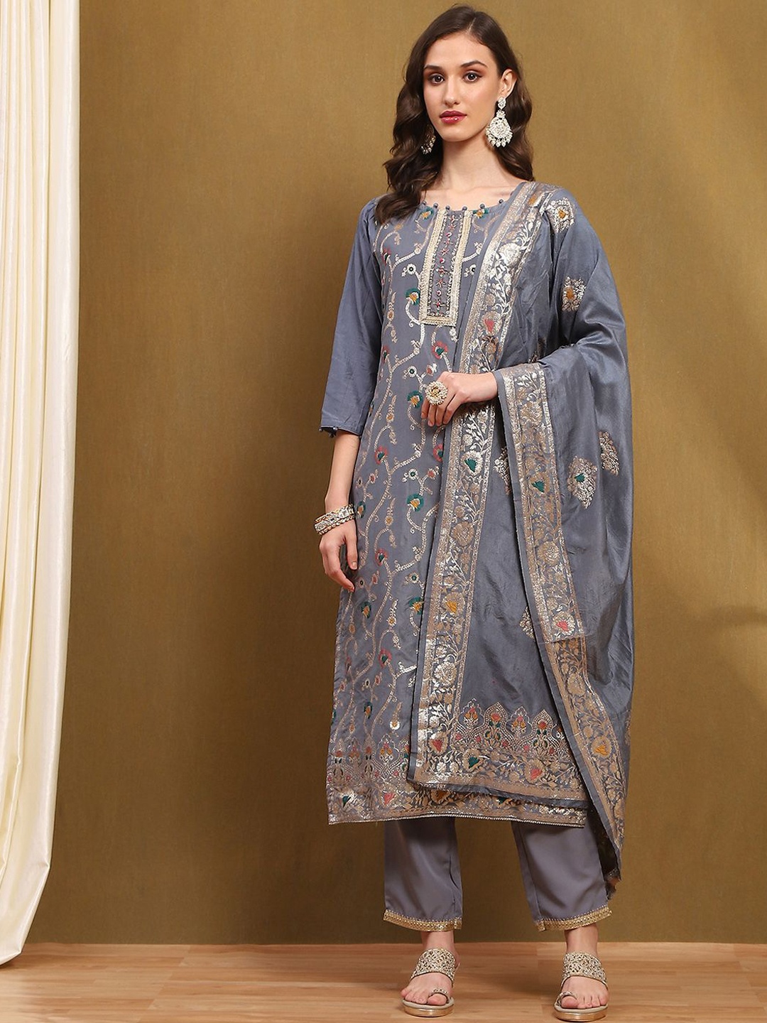 

Biba Floral Woven Design Zari Unstitched Dress Material, Grey